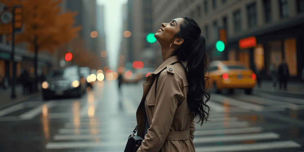 A woman wearing a trench coat standing in ht middle of the road looking up smiling as she finds strength in a small act of bravery, choosing herself one quiet step at a time where her voice used to be silenced by her narcissistic family.