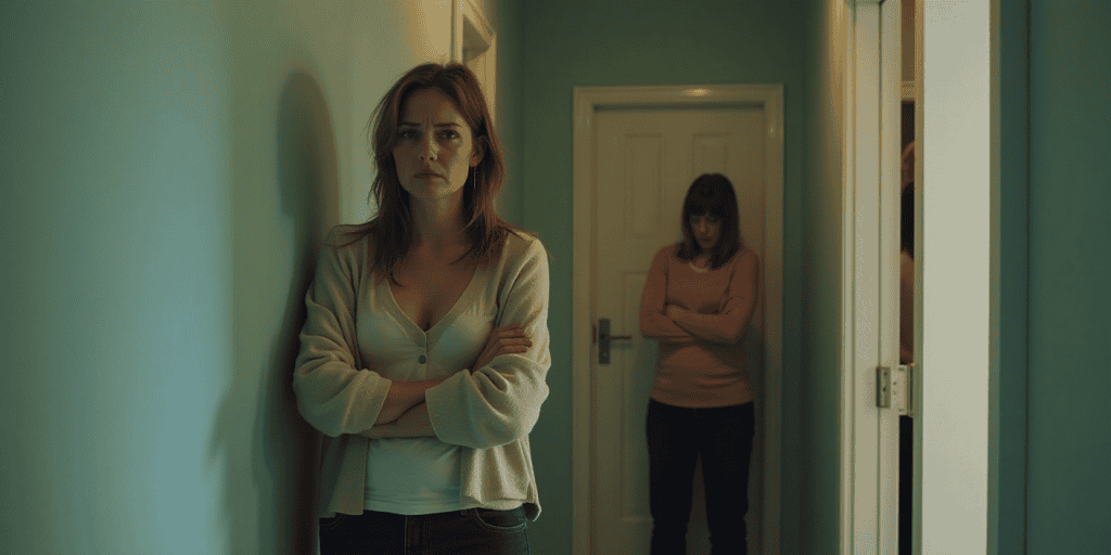 Two sisters face off in a hallway, one shutting down the conversation with a fake apology while the other is left emotionally exhausted her sister's narcissist behaviour.