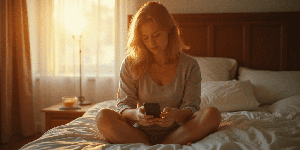 A woman sits alone on her bed staring at her phone, confused and hurt by a narcissistic sibling’s vague, gaslighting apology.