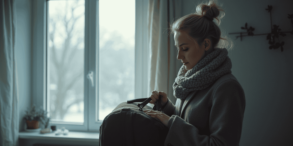 A woman quietly packs a suitcase in soft light, reflecting how survivors often plan their exit in silence while letting narcissists think they still have control.