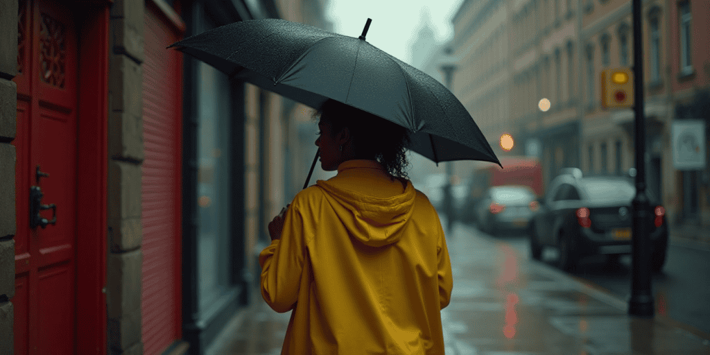 A woman in a yellow raincoat walks through the rain holding a black umbrella, feeling guilty for protecting herself from the toxic family that hurt her the most.