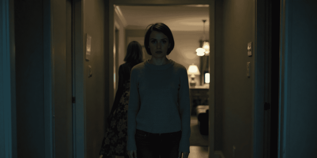 A woman standing in the dark hallway of her house feeling numb after her narcissistic mother dismisses her pain with a fake apology that flips blame back onto her.