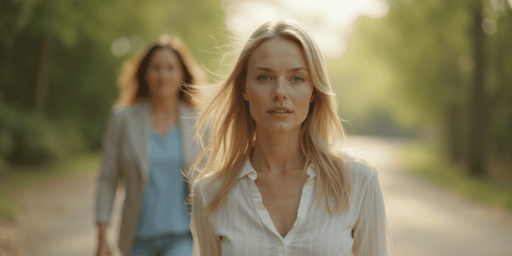 A woman wearing a white dress shirt is walking away from her toxic mother who once had power over her, finally choosing herself after years of emotional manipulation.
