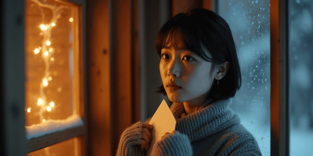 A woman in a cozy winter sweatshirt holding a letter in her hands, torn between the love she still feels and the pain her toxic parents caused her.