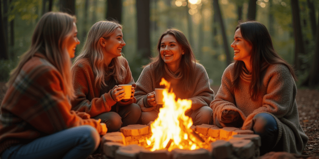 A woman enjoys warm laughter with friends around a fire, realizing that healing from narcissistic abuse sometimes means creating new, healthier bonds.