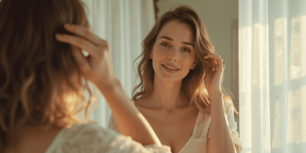 A woman wearing a white shirt smiles gently at her reflection in soft morning light, learning to see herself through her own eyes, not narcissists around her.