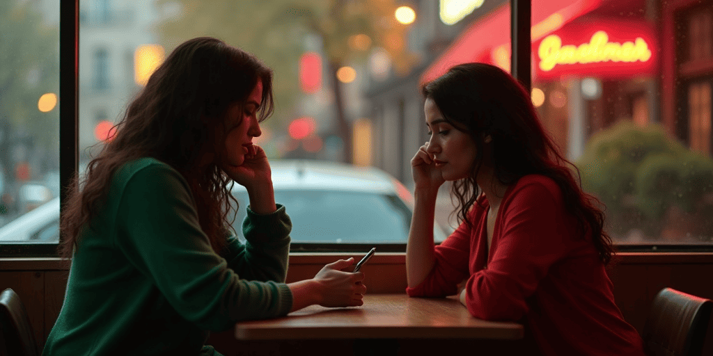 Two sisters sit across from each other in a cafรฉ, tension thick as one stays silent instead of shrinking to keep the peace.