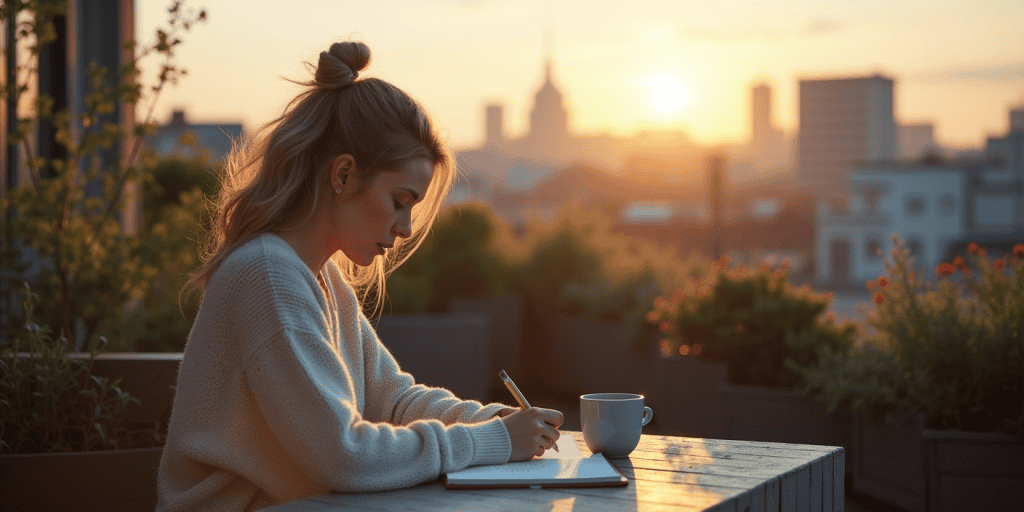 A woman journalling alone on a rooftop at sunset, starting a new chapter after closing the one defined by a narcissistโs control.