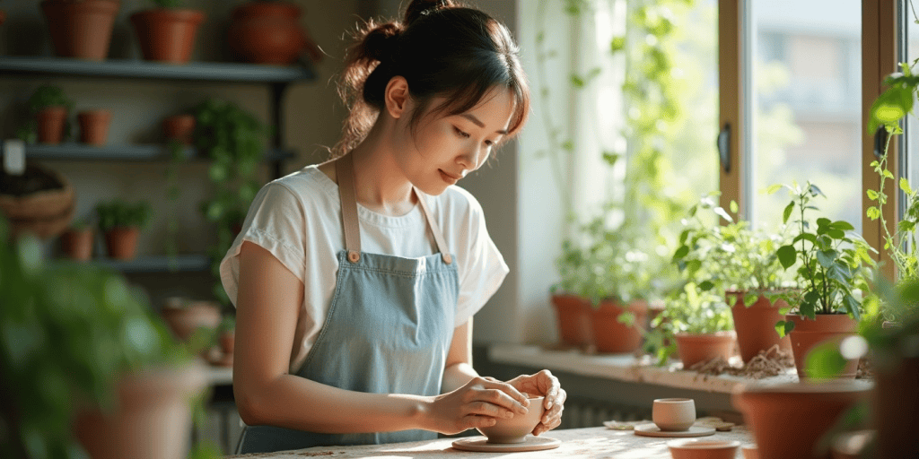 A woman carefully shapes clay by the window, discovering that solitude can be a quiet space for rebuilding identity after narcissistic manipulation.