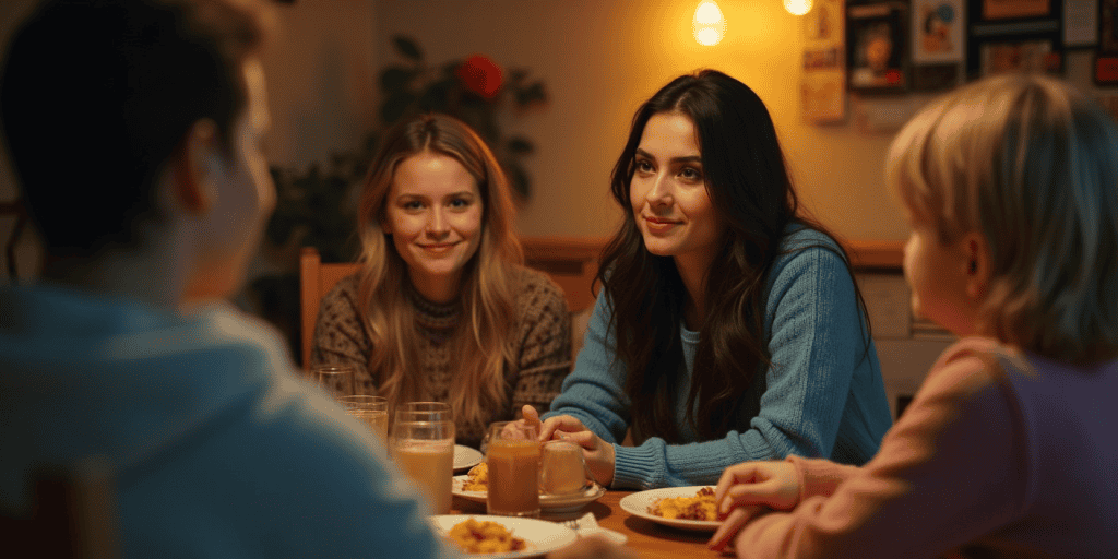 A narcissistic sister smugly talks while her younger sister calmly smiles, quietly standing her ground without taking the bait at a family dinner.