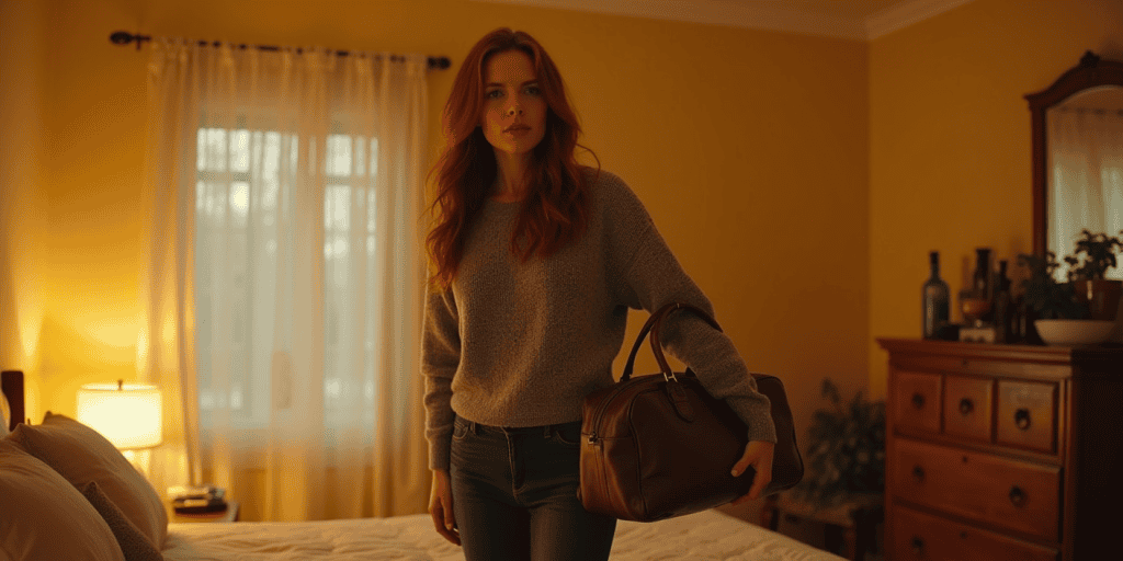 A woman calmly packs an overnight bag in a softly lit bedroom, ready to walk away from her toxic family chaos and reclaim her peace through boundaries.