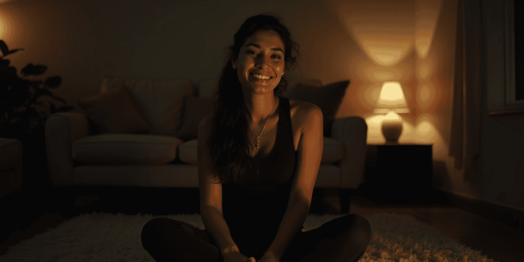 Sitting cross-legged on the floor, a woman with tear-streaked cheeks smiles softly to herself, accepting that healing from narcissists doesn't mean always appearing okay.