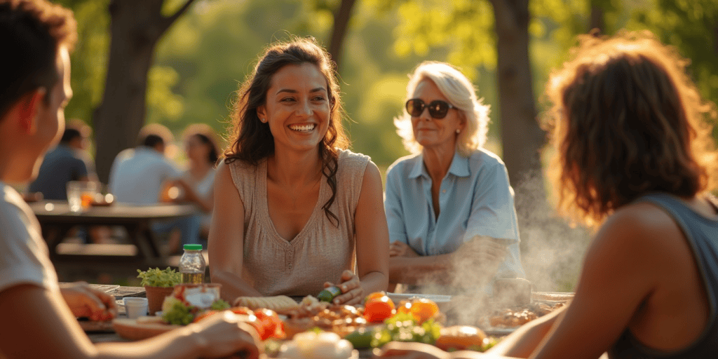 A woman laughing joyfully with friends while another watches, as complimenting someone else in front of a narcissist bruises their fragile sense of superiority.