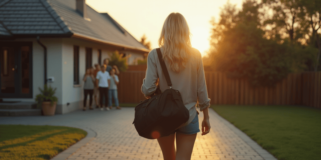 a woman is walking toward her new home feeling at peace as she's enjoying her new life without her narcissistic family.
