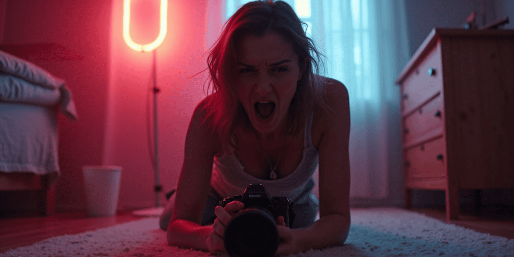 A narcissistic woman screams into a camera lens, frustrated that her version of the truth is no longer being believed or tolerated.