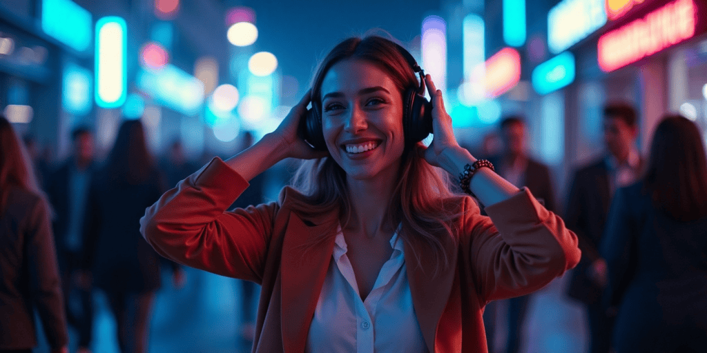 A woman smiles confidently with headphones on, tuning out a world that once made her doubt her own worth.