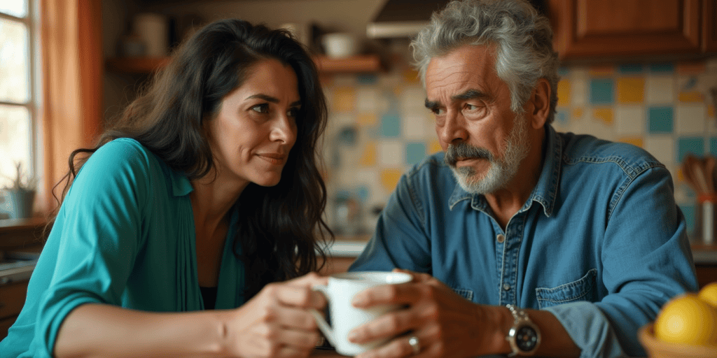 A woman calmly offers tea to her irritated father, his surprised face showing how unexpected kindness disrupts a narcissistโs plan for conflict.