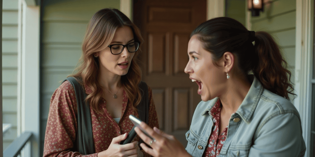 Two sisters argue on the porch, one overwhelmed by shame and denial while the other tries to confront her with the truth.