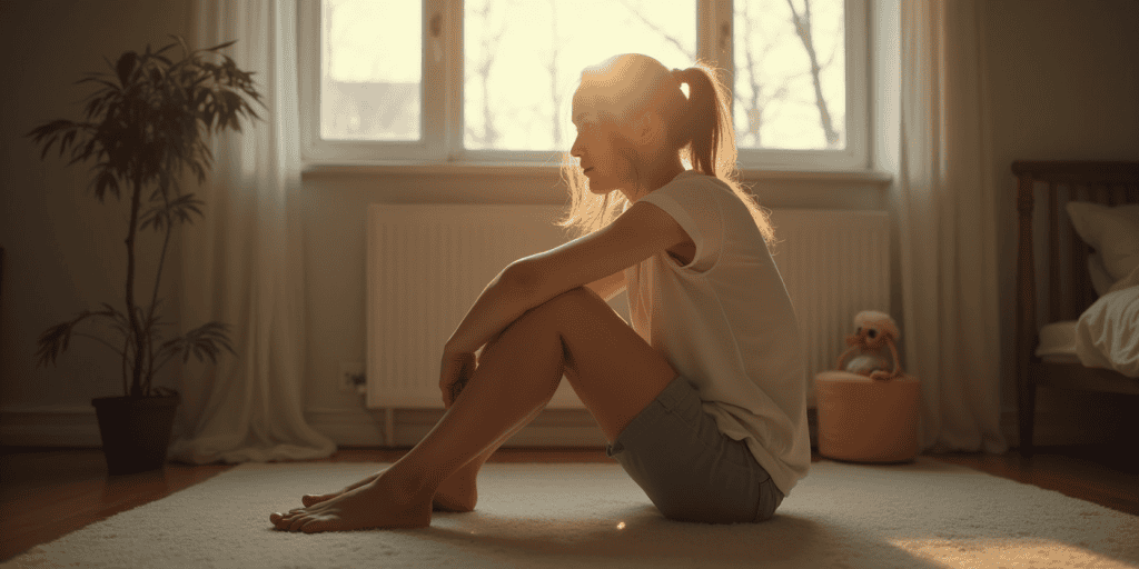 Sitting quietly on her bedroom floor in the soft afternoon light, a woman looks lost, full of self-doubt, questioning if she is to blame for her family abuse.