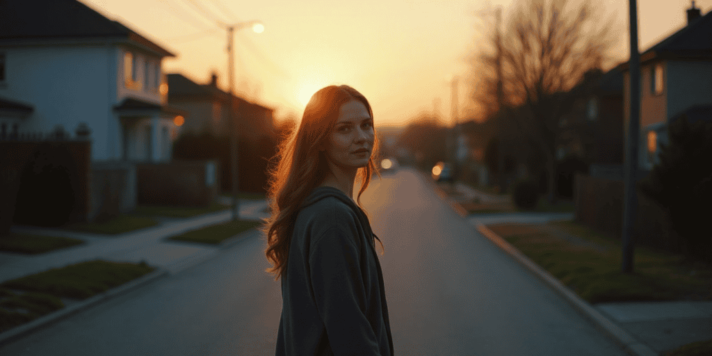 A woman wearing a grey sweatshirt walking away from her toxic family, finally choosing peace over proving her worth.