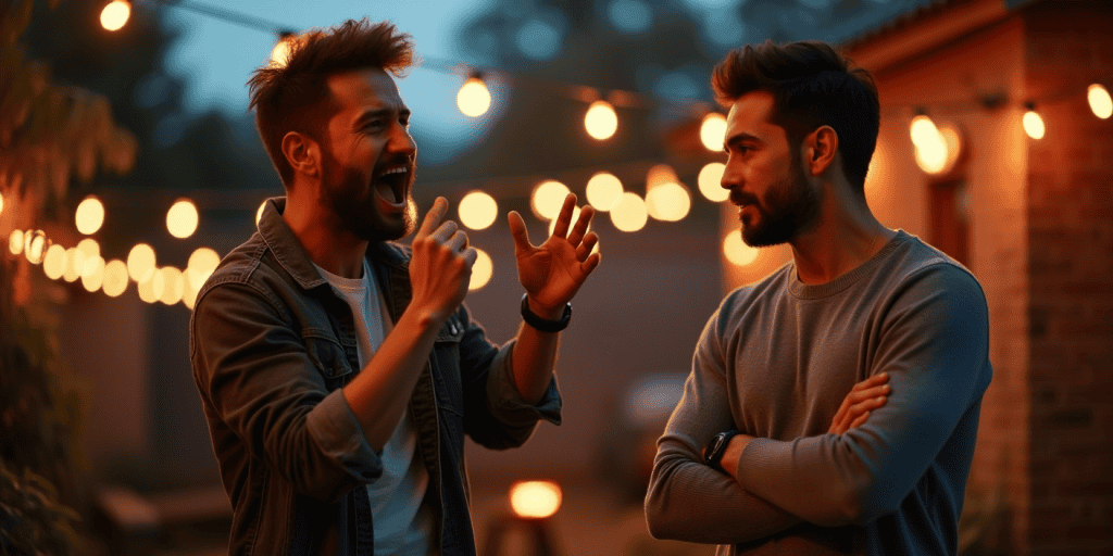 At a backyard gathering, one brother stays detached and uninterested while the other tries to provoke him, illustrating how boring responses frustrate narcissists.