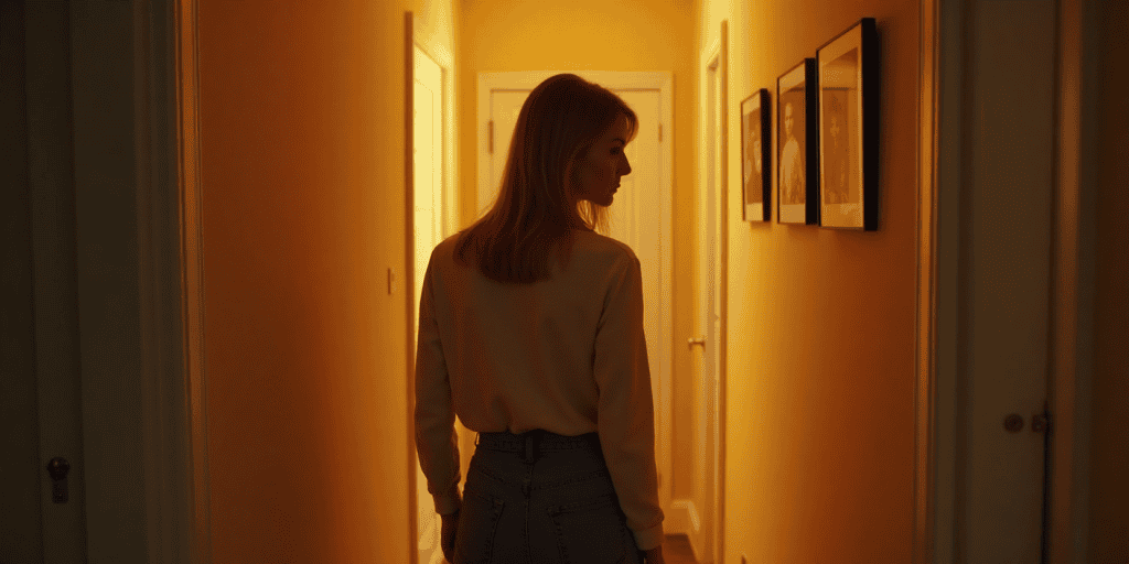 A woman wearing a white loose blouse walking down a dim hallway lined with family photos, realizing staying connected to her toxic family is slowly destroying her sense of self.