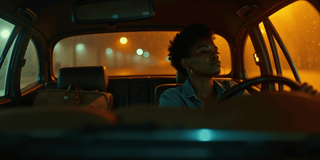 A woman sits alone in her parked car at night, suitcase in the backseat, breathing through the silent strength of finally walking away from her narcissistic boyfriend.