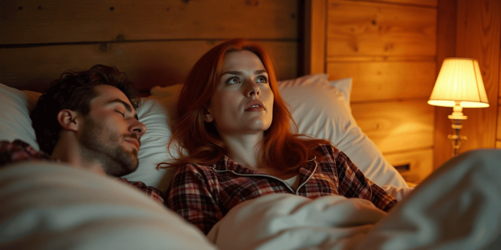 A woman lies awake in bed next to her narcissistic partner who’s asleep, wide-eyed and emotionally drained from constantly walking on eggshells.