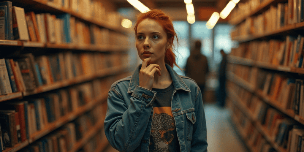 A woman stands between rows of books, deep in thought, confronting the hard truths that surface when narcissistic noise finally goes quiet.