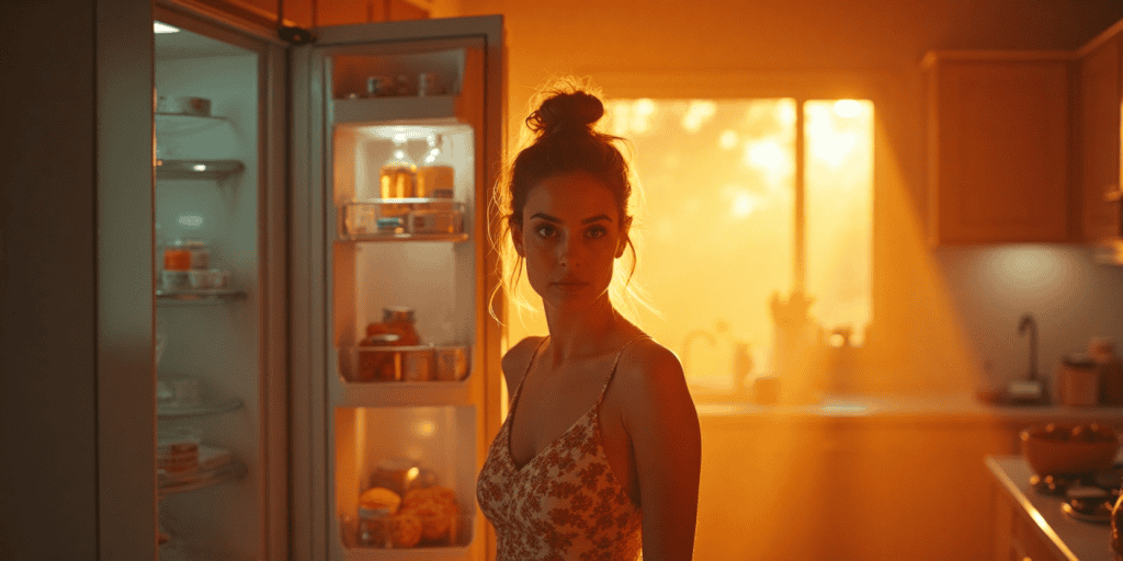 A woman stands still in front of an open fridge, lost in thought, showing the kind of quiet brain fog narcissistic abuse leaves behind.