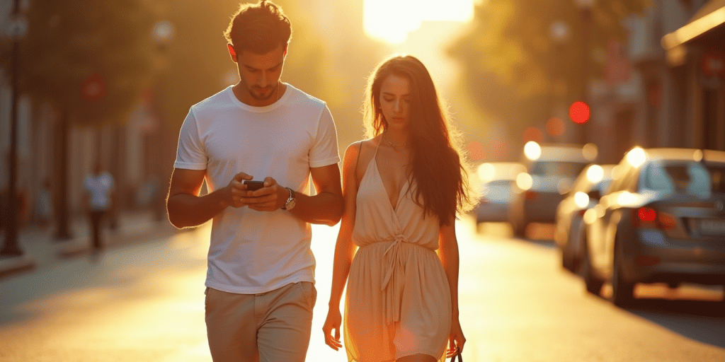a woman in a yellow dress looking sad and walking along side her boyfriend who ignore her feelings.