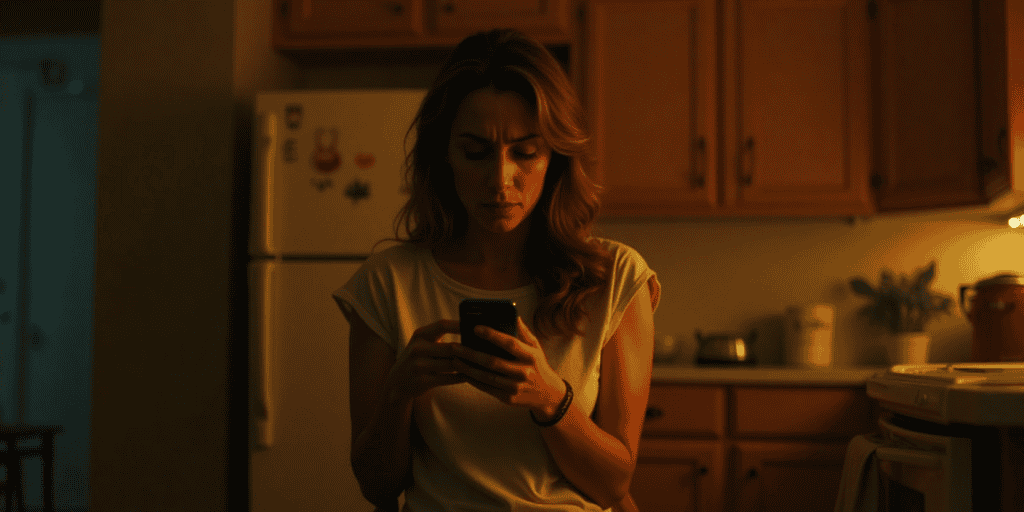 A woman sits in a dim kitchen, staring at her phone, caught in the addictive cycle of waiting for affection from a toxic family member.