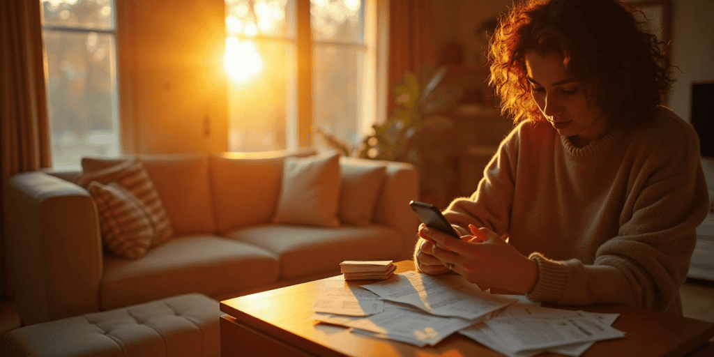 A woman looks down at her phone, surrounded by overdue bills and fading sunlight, weighed down by emotional and financial debt from a manipulative partner.