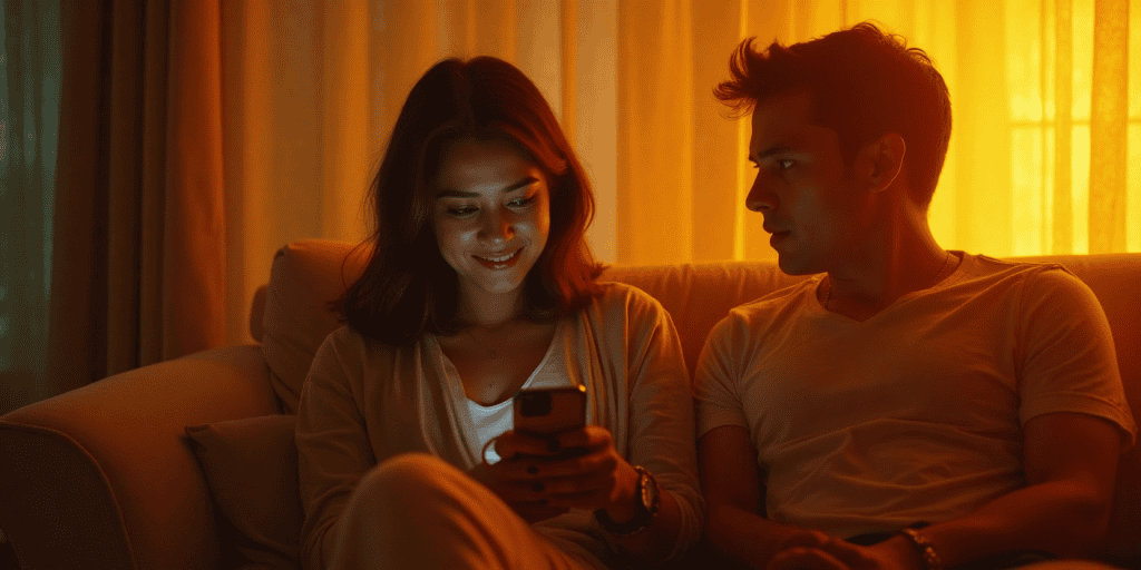 A narcissistic man sitting in a living room staring at his girlfriend in an unloving way while she smiles at her phone, unaware she’s already being emotionally isolated and controlled.