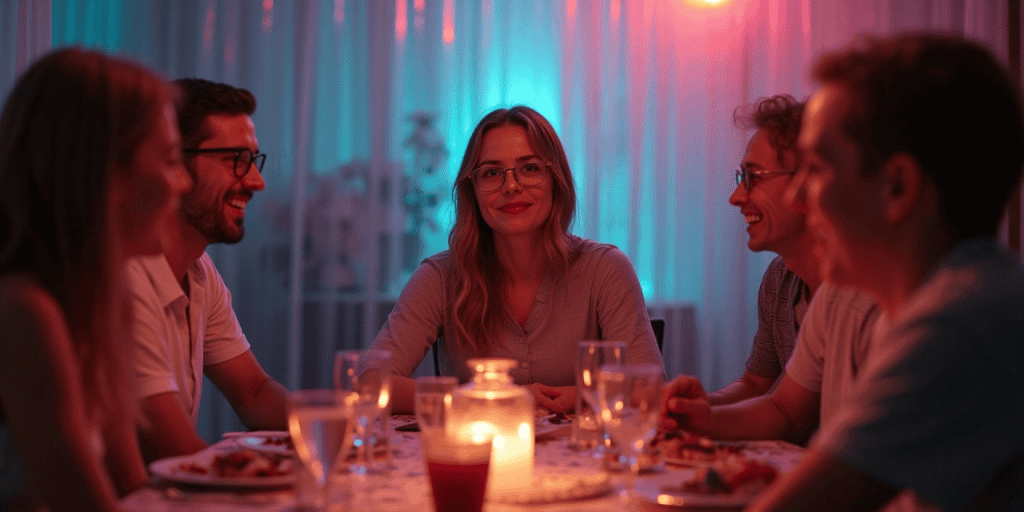A woman sits at a dinner table smiling with friends and family but emotionally detached, performing connection while silently bracing for rejection.