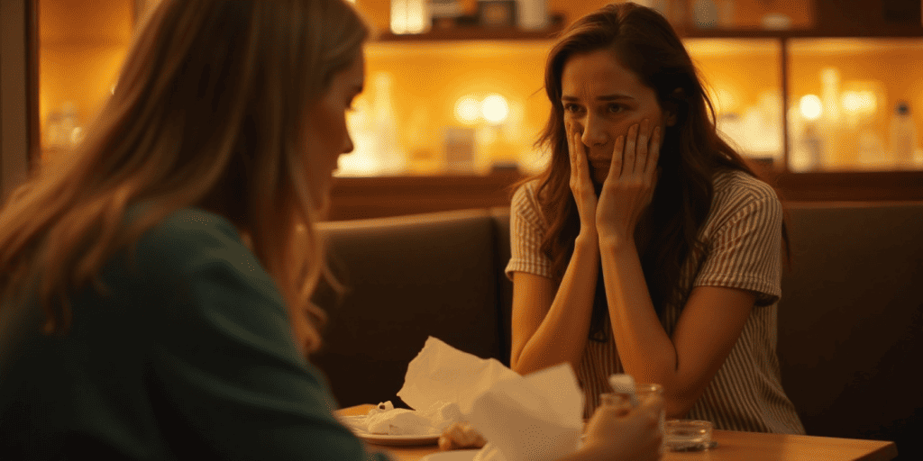 A narcissistic woman pretends to show concern while watching someone cry, using fake empathy to stay in control of the situation.