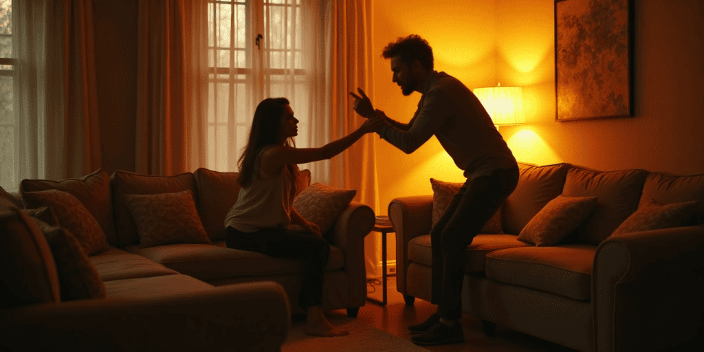 A woman tries to stay calm as a narcissistic man escalates in anger, feeding off control instead of emotional intimacy.