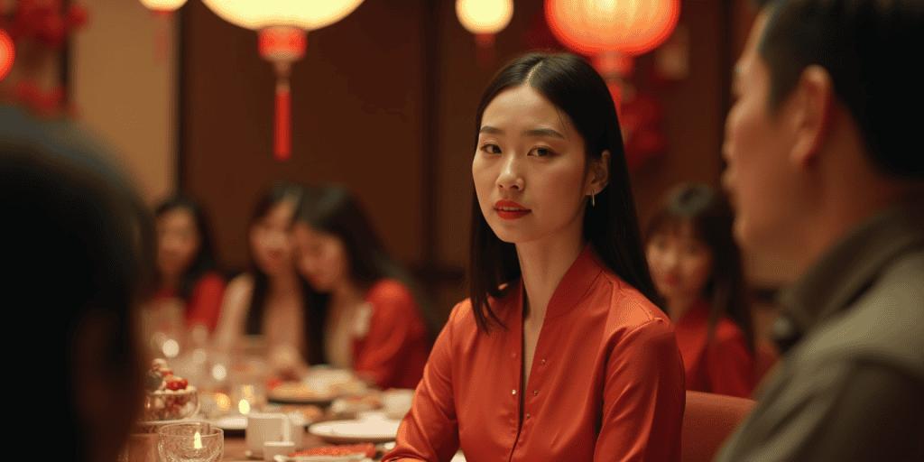 a woman wearing a red shirt sitting at the dinner table at her work gathering feeling confident as she knows how to handle narcissists colleagues effortlessly.