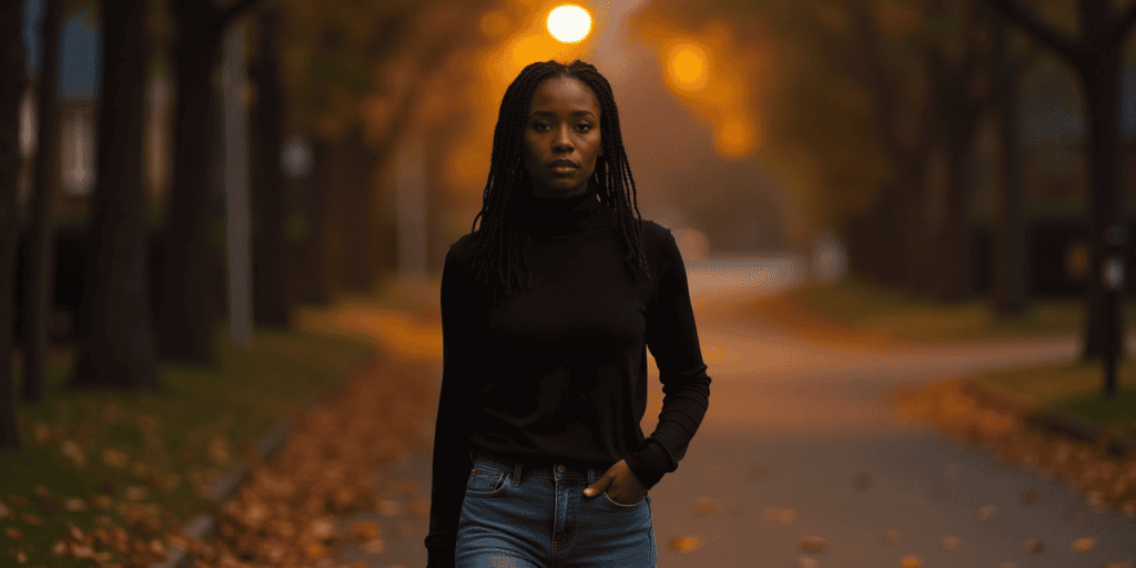 A woman wearing a black turtleneck sweatshir walking alone through an autumn street after choosing herself over toxic family guilt for the first time.