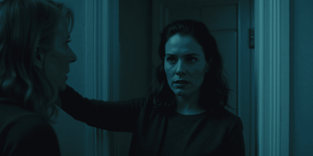 A woman confronts her toxic mother in a dim hallway, refusing to back down from the boundary sheโs finally set.