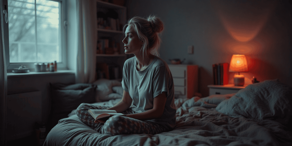 A woman in her pyjama sitting on her bed with a book in hand but stares blankly out the window, her mind stuck in survival mode and unable to focus after dealing with narcissists for years.