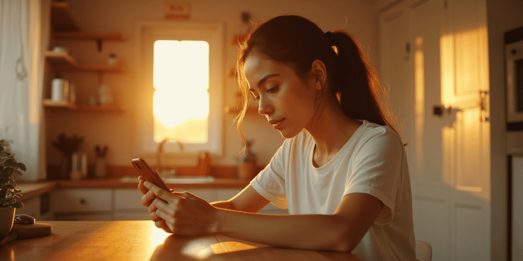 A woman focused on her phone in a sunlit kitchen, not reacting to a narcissistโs attempt to provoke her, unintentionally hitting his ego.