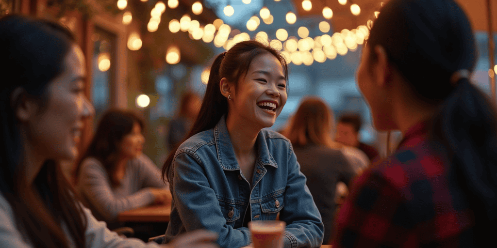 A woman laughs freely with her friends under string lights outside the restaurant, rediscovering joy after escaping a toxic relationship that drained her spirit.