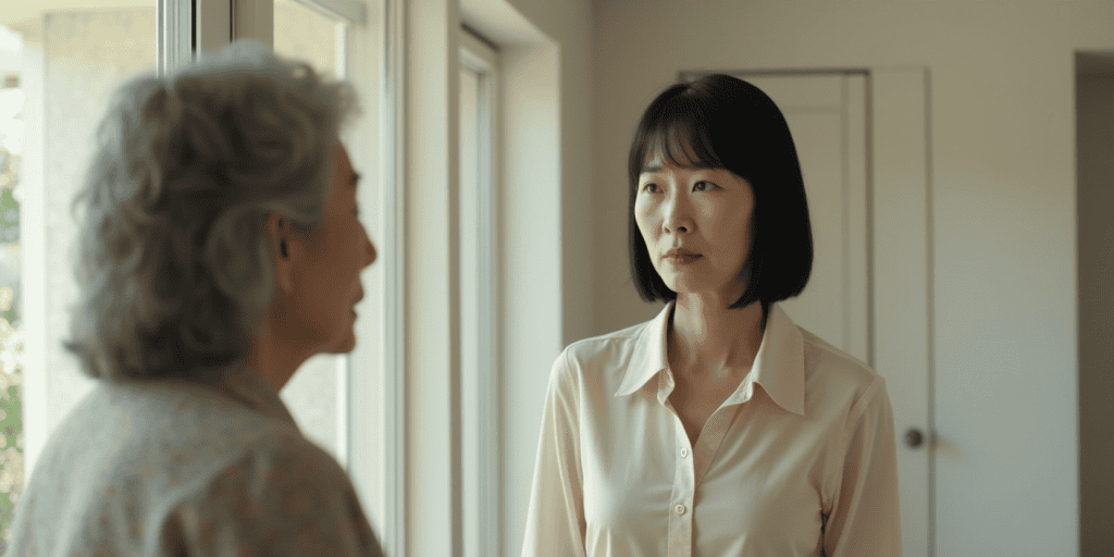 A middle-aged daughter listens calmly as her agitated mother accuses her, showing how staying composed confuses and disarms narcissists seeking emotional chaos.