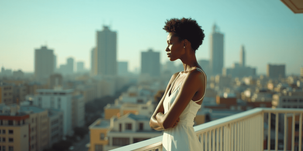 A woman stands alone on a balcony in the early morning, confident, reflecting on patterns and preparing to choose herself over endless toxic family cycles.