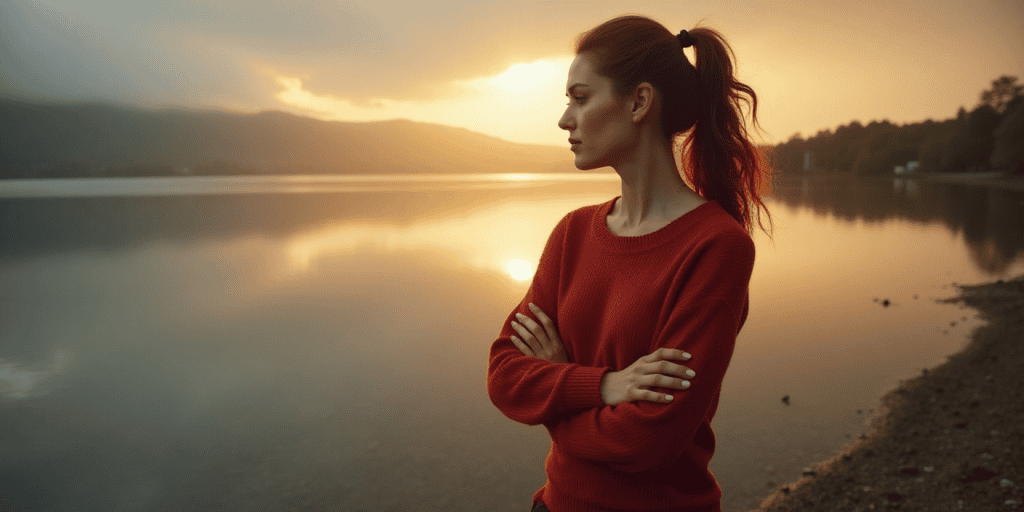 A woman wearing a red dress stands alone at sunset next to a calm lake, feeling the deep loneliness and freedom that comes after going no contact with toxic parents.