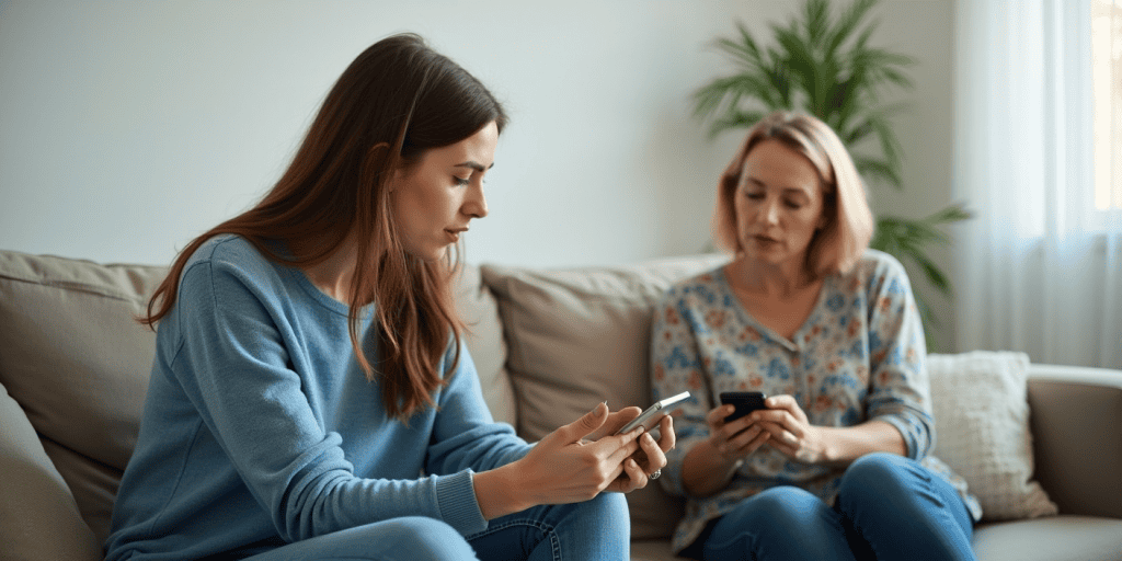 A frustrated daughter leans forward pleadingly while her disinterested mother ignores her, showing how asking "why" only deepens the emotional void.