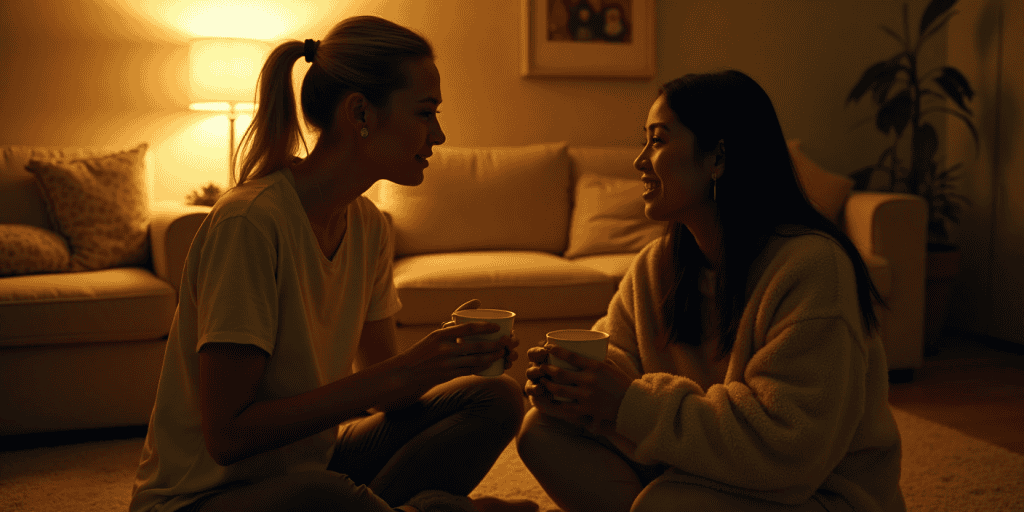 Two women sitting across from each other smiling while opening up about how to trust a family member in a quiet living room, finally experiencing the kind of safe, honest apology narcissists never give.