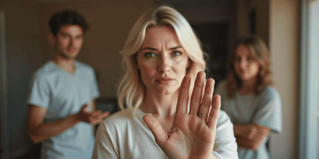 A woman holds up her hand mid-argument with family, showing sheโs done explaining her boundaries for the hundredth time.