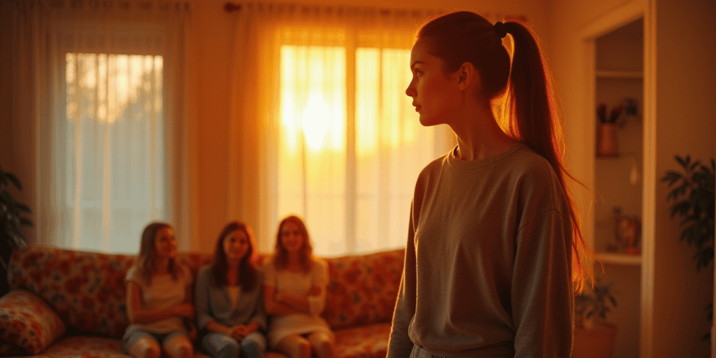A woman stands apart from a group, quietly removing herself, which stings the narcissist more than any argument could.